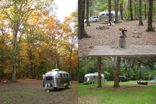 Collage of our 64 Airstream Globetrotter at Michaux State Park.